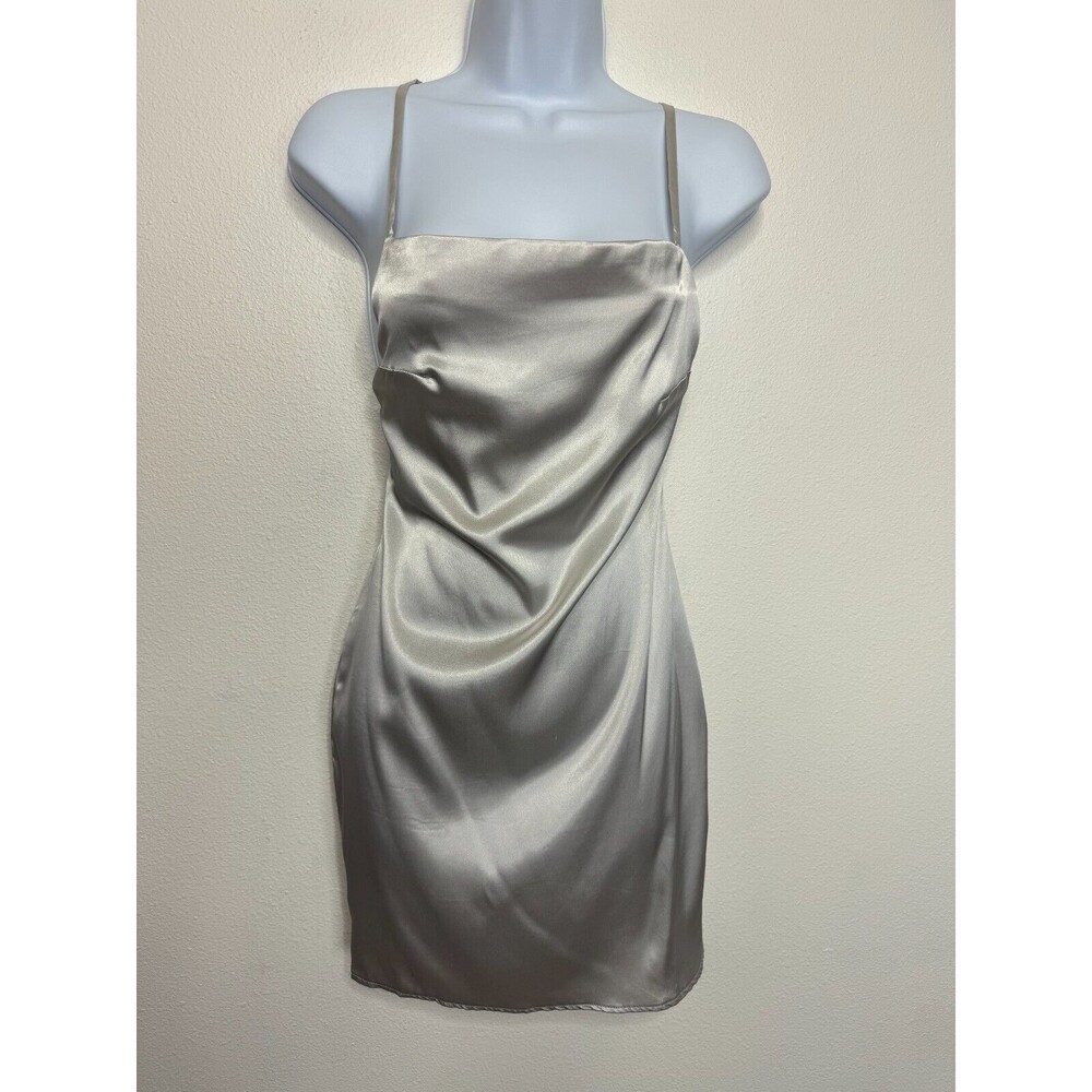 ASOS Design Satin Mini Dress Size 4 Silver Criss Cross Back Square Neck Strappy